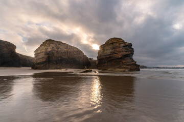 Beach of the Cathedrals view at sunset. Seascape. Lugo. Galicia. Spain