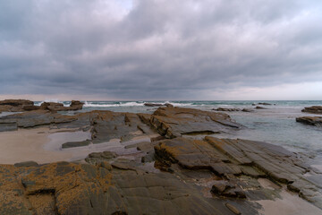 Beach of the Cathedrals view at sunset. Seascape. Lugo. Galicia. Spain