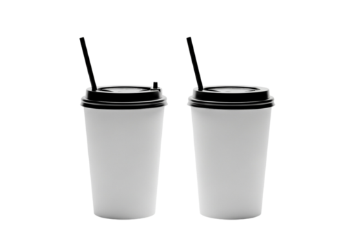 Two white disposable coffee cups with black lids and straws, isolated on transparent background - Powered by Adobe