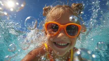 Naklejka premium A young girl wearing bright orange sunglasses smiles happily while swimming bubbles dancing around her.