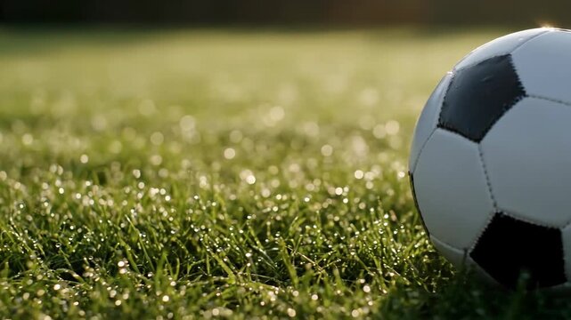 Cinematic Close-Up of a Soccer Ball on a Sparkling, Dew-Covered Grass Field at Sunrise