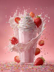 vibrant ultra realistic macro photo of strawberry milkshake splash: perfect for sporty interior wall art, featuring floating strawberries, whipped cream, and colorful sprinkles in cinematic detail!