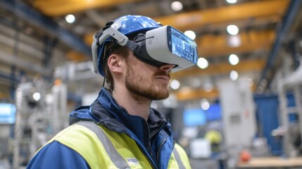 A professional in safety gear explores innovative technology in a busy industrial setting.