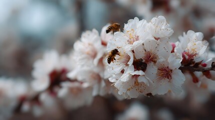 ro view of honeybees diligently collecting nectar and pollen from delicate blooming white and pink spring flowers on a tree branch showcasing
