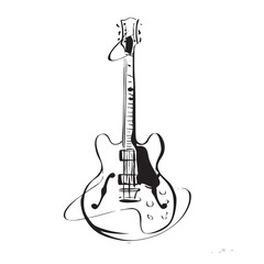 Naklejka premium Monochrome sketch of a hollow-body electric guitar instrument.