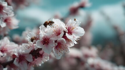 Close up of bees pollinating delicate pink and white blossoms on a spring branch against a soft blue background