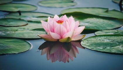 a single pink lotus blooms softly above calm water surrounded by round green lily pads forming a tranquil focal point with subtle reflections muted tones and quiet stillness