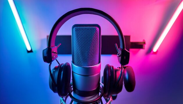 a close up of a microphone and headphones for podcasting or asmr sounds on black stand in a neon led lighting cyan and magenta in a sound recording studio