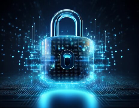 a luminous digital lock formed by glowing blue particles rests on a dark background symbolizing cybersecurity privacy and data protection in a futuristic high tech style