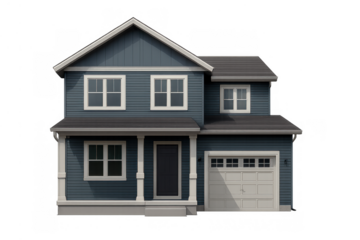 Modern suburban house featuring blue siding and white trim, residential property concept, transparent background