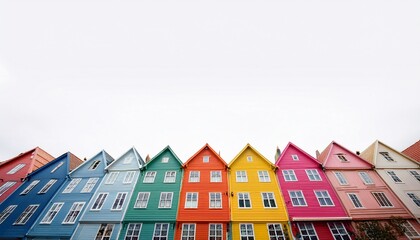colorful row of tiny houses lined along the bottom edge against a white background creating a whimsical and playful scene with varied hues and simple facades