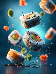 stunning ultra-realistic macro photo of sushi rolls in midair with flying ingredients: perfect for sports interior posters, capturing freshness and culinary precision!