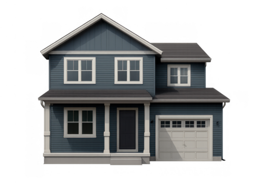 Modern suburban house featuring blue siding and white trim, residential property concept, transparent background