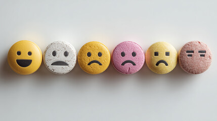 A variety of colorful round pills, each with a different smiley face emoji expressing diverse emotions, arranged in a row