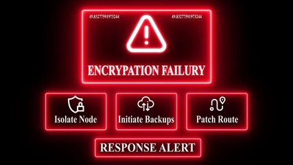 Encryption Failure response notification on digital interface in data center server room with isolate node initiate backup patch route options. glowing neon lights cybersecurity hacking Warning - Powered by Adobe