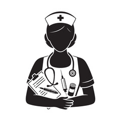 Nurse Character Holding a Heart Silhouette Vector Icon for Healthcare and Medical Design Projects.