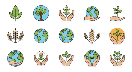 Collection of environmental and nature icons featuring earth, plants, and agricultural elements.