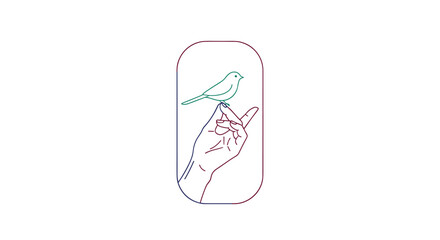 Minimalist illustration of a hand holding a small bird in a rounded rectangle frame.