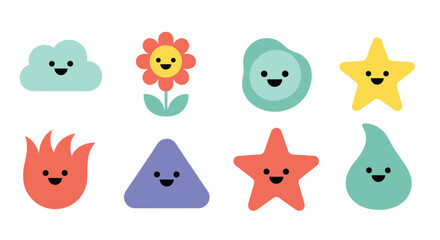 Cute cartoon icons of various shapes with happy faces on a white background; a collection of.
