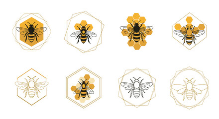 Collection of stylized bee icons with honeycomb and geometric frames on a white background.