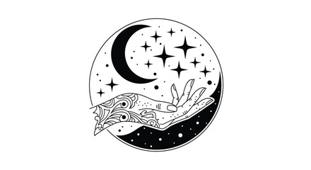 Black and white illustration of a hand holding stars and moon against a starry background.