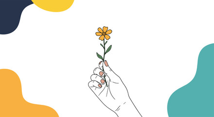 Close up of a hand holding a single yellow flower against a white background with abstract shapes.
