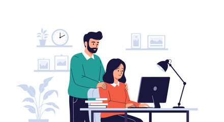 Man places hands on woman's shoulders while she works at a computer in an office setting.