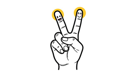 Hand making a peace sign with two happy cartoon fingers, isolated on a white background.