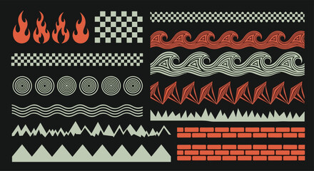 Collection of decorative vector patterns including flames, checkerboards, waves, geometric shapes, and brickwork.