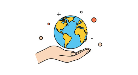 Stylized illustration of a hand holding the Earth with small circles and plus/minus symbols around it.