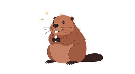Cute cartoon beaver holding a small white object in its paws with surprised expression.