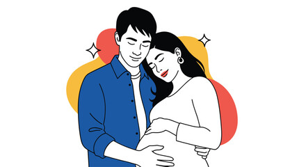 A pregnant couple embracing affectionately with closed eyes and smiling faces.