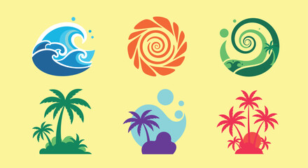 Collection of six flat design tropical icons featuring waves, sun, and palm trees on a yellow background.
