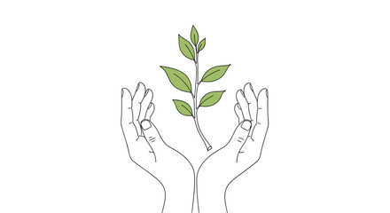 Two cupped hands gently holding a small green plant with leaves reaching upwards.