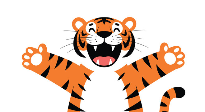 Cartoon tiger with open arms and a big smile, ready for a hug on a white background.