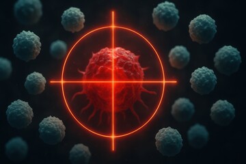 Obraz premium Red cancer cell targeted by precision markers in a scientific illustration.