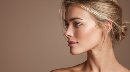 Naklejka premium Profile portrait of a fair-skinned woman with blonde hair, soft light, and natural makeup
