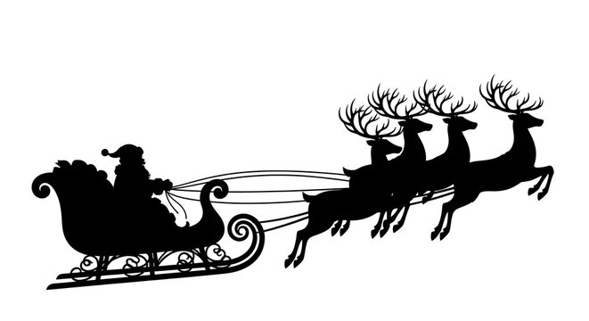 Santa Claus riding sleigh pulled by reindeer in winter Christmas silhouette - Powered by Adobe