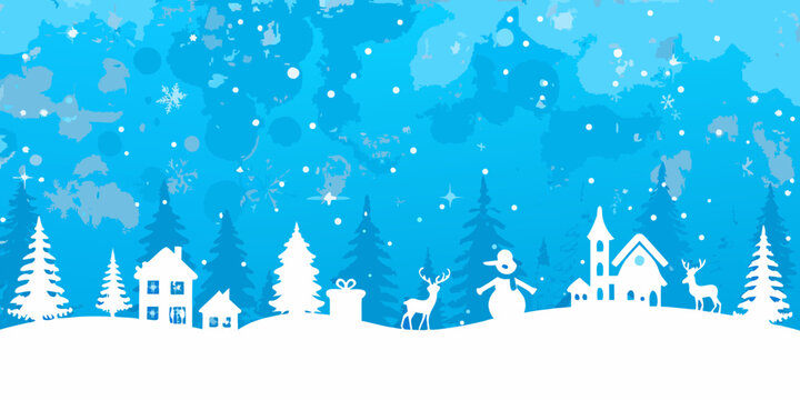 Whimsical white silhouette christmas village scene with snowing blue sky background