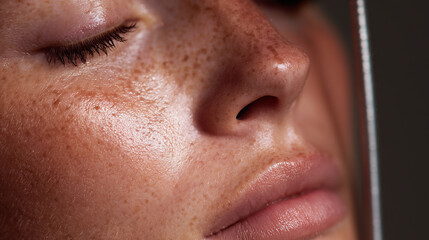 Close-up of a person's face showcasing freckles, highlighting natural beauty and healthy skin.