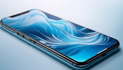 smartphone with flowing water themed abstract screen blue and white tones create a fresh modern ui concept great for wellness apps and clean tech visuals