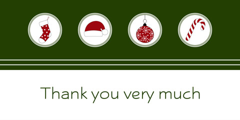 Thank you very much - Schriftzug in englischer Sprache - Vielen Dank. Dankeskarte mit Weihnachtsstrumpf, Weihnachtsmütze, Christbaumkugel und Zuckerstange.