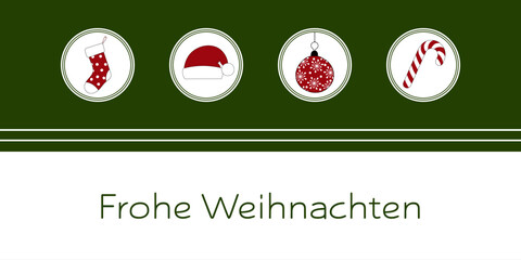 Frohe Weihnachten - Schriftzug in deutscher Sprache. Grußkarte mit Weihnachtsstrumpf, Weihnachtsmütze, Christbaumkugel und Zuckerstange.