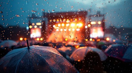 Colorful umbrellas create a vibrant scene at a concert under rainy skies with bright lights shining.