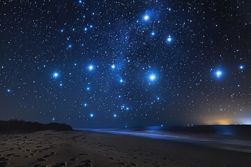 Bright pleiades constellation shining over a sandy beach at night