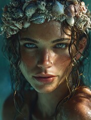 breathtaking tropical portrait: a stunning woman with seashell crown and wet hair, perfect as a sporty interior poster with ocean breeze vibes and cinematic lighting in blue-green palette