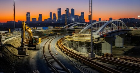 Construction site with railway tracks and city skyline at sunset
