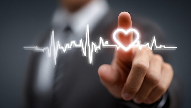 Businessperson's finger touches a glowing heart graphic over a heart rate monitor line