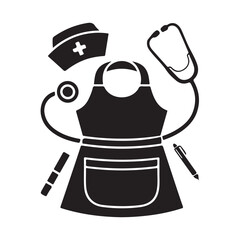 Female Nurse Character with Stethoscope and Medical Equipment Silhouette Vector Icon for Hospital and Clinic.