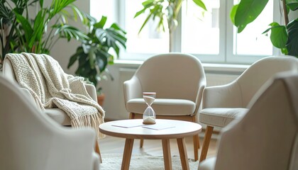 Calm therapy waiting room with cozy armchairs, plants and soft daylight — modern counseling interior